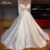 Lhuilier Customized Women's A Line V Neck Satin Wedding Dresses Elegant Sleeveless Pearls Beaded Bridal Gown with Chapel Train
